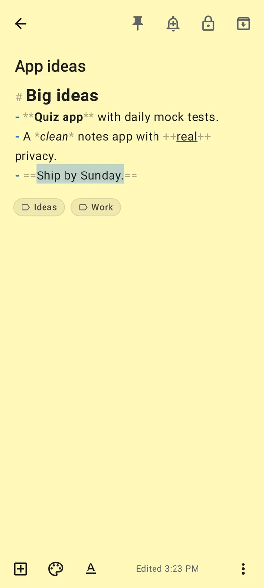 A note open in the editor with headings, bold text and a bullet list.