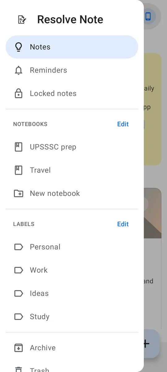 The menu with labels and notebooks